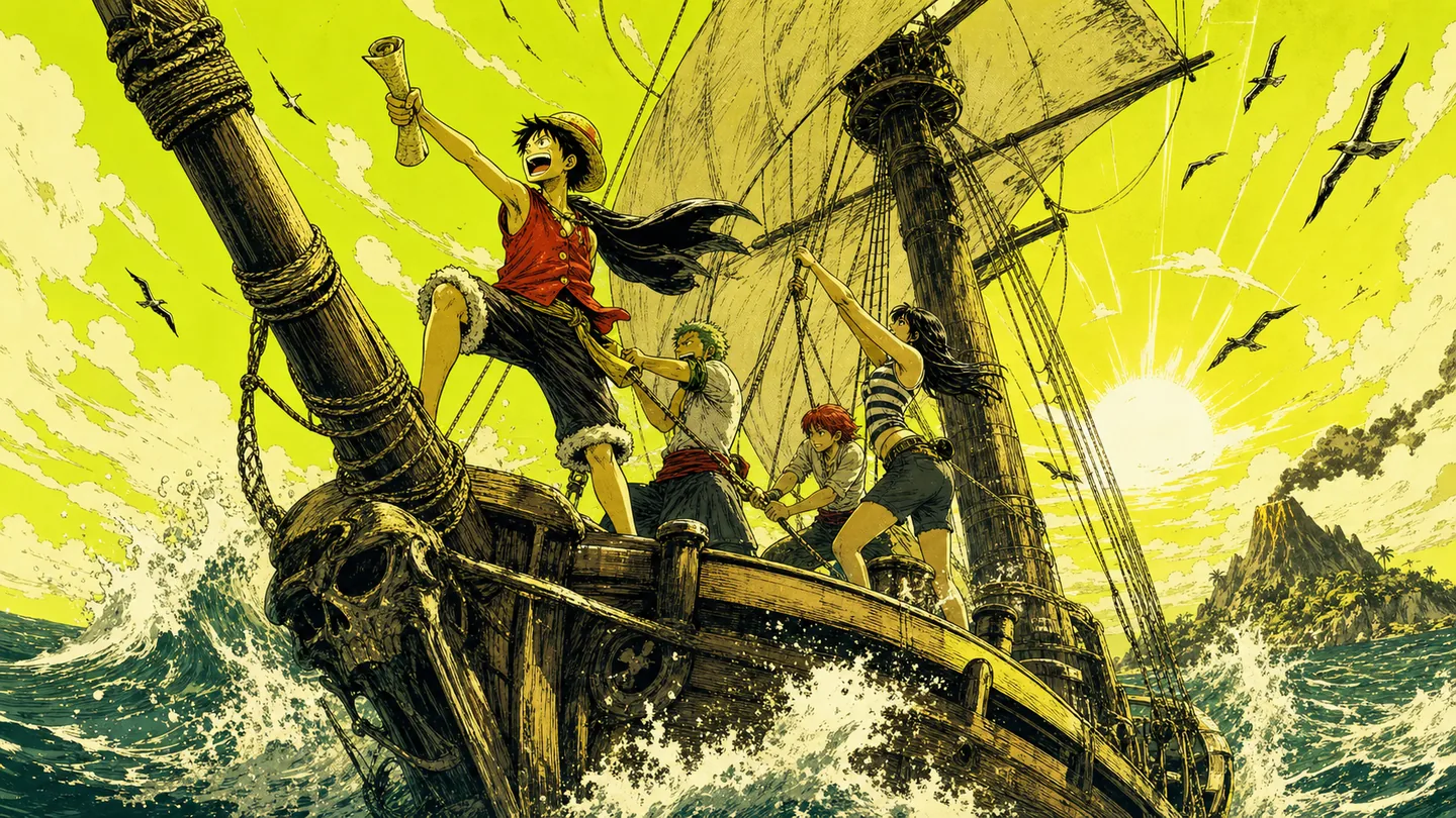 LuffyHood crew raising sail toward a new island